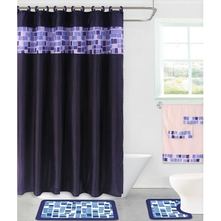 Complete 15pc Square Design Mosaic Navy Color Bathroom Set Banded Rubber Backing 2 Rug Bath Mats With Fabric Shower Curtain with Hooks