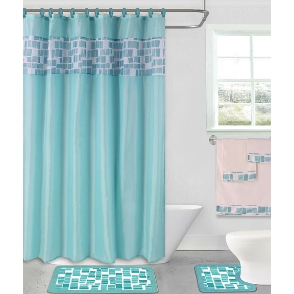 Complete 15pc Square Design Mosaic Turquoise Color Bathroom Set Banded Rubber Backing 2 Rug Bath Mats With Fabric Shower Curtain with Hooks