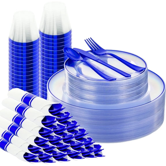 Complete 175 Piece Blue and Clear Plastic Dinnerware Set for 25 Guests