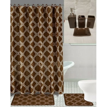 Bathroom Set 19-Piece with 2 Bath Mats,1 Shower Curtain,12 Fabric Rings,4 Ceramic Accessories