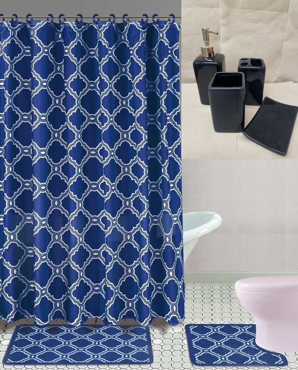 19 Piece Bathroom Set 2 Rugs Mats Non Slip 1 Fabric Shower Curtain 12 Fabric Rings 4 Piece Ceramic Accesories Different Styles And Colors For Home Bath Décor Honey Navy