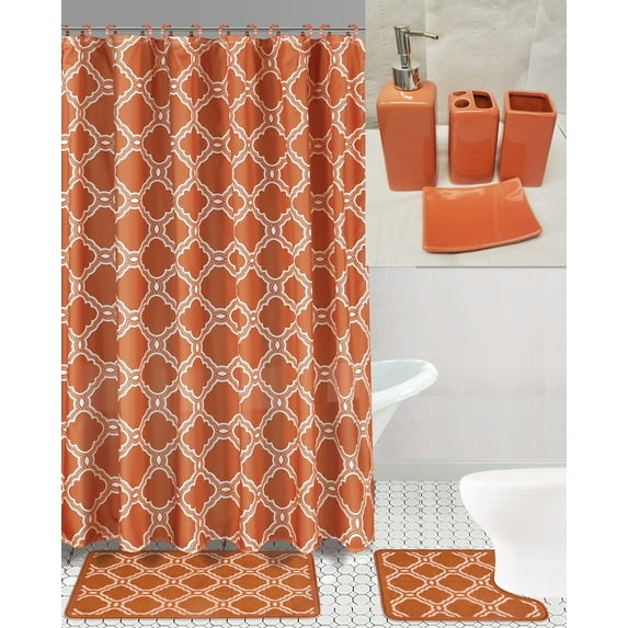 Complete 19 pc Bathroom Set Honey Orange Washable Rubber Backing Anti Slip Includes 2 Bath Rug/Mat + 1 Shower Curtain + 12 pc Rings Covered + 4 Accesories Ceramic