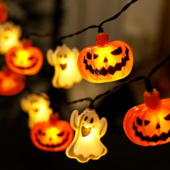 Complete 2-set Halloween light pack – includes two 2-meter strings with 10 LED lights each; pumpkins, ghosts, skeletons, mummies, spiders, black cats, pirates, and witches