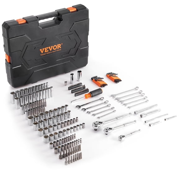 Complete 205-Piece Mechanic Tool Kit with 1/4", 3/8", 1/2" Drive Sockets - SAE and Metric Deep & Standard, Wrenches, Hex Keys, Case