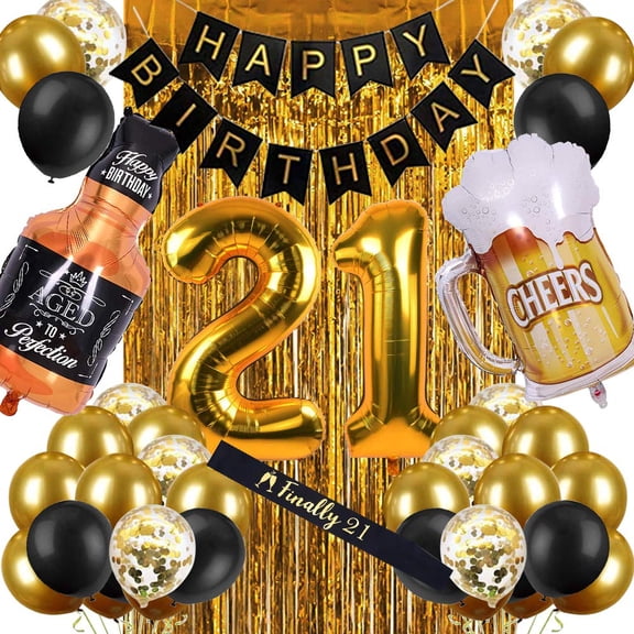 Complete 21st Birthday Party Decorations Kit - Black and Gold Theme with Oversized Number Balloons, Banner and Balloons for Men and Women