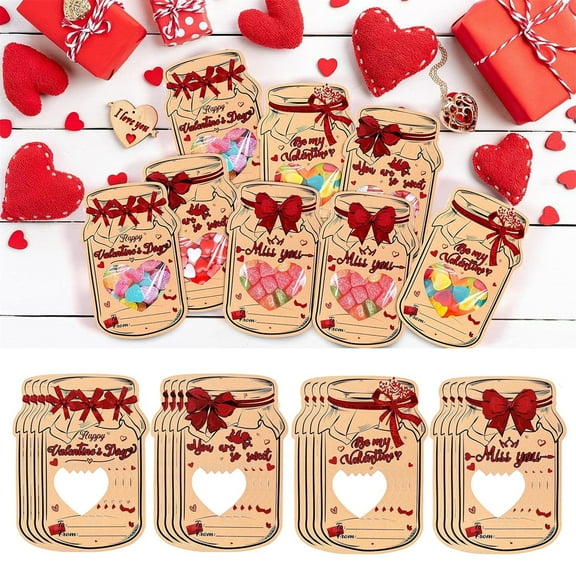Complete 24-Pack Valentine's Day Candy Cards With Drifting Bottle Shaped Cards, Perfect For Valentine's Day Party Gift Exchange, Heart Shaped Cutout Festive Ribbon Accents &
