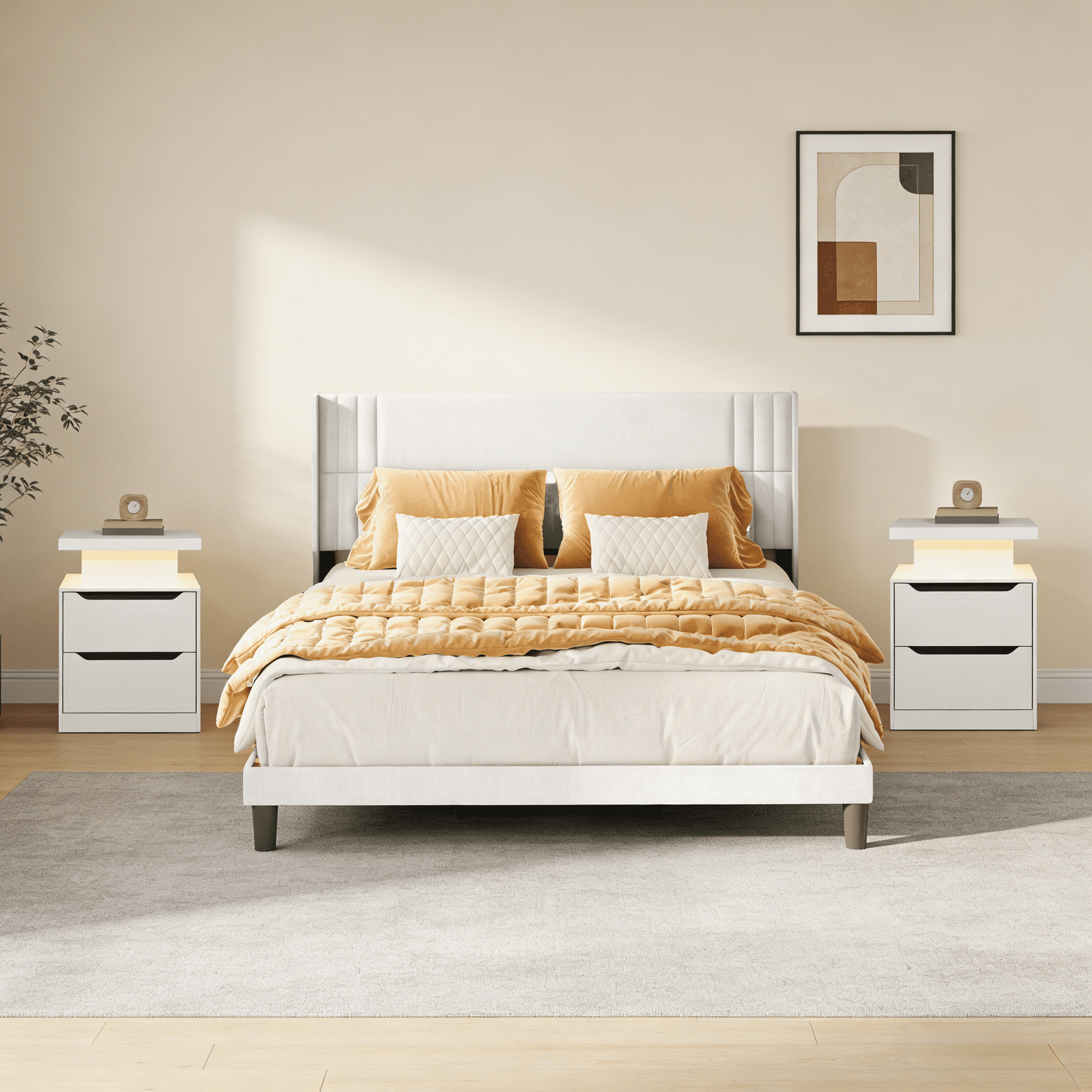 Complete 3-Piece White Bedroom Set: King Bed Frame and 2 Smart USB ...