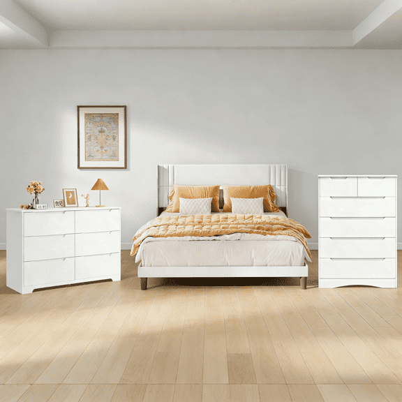 Complete 3-Piece White Bedroom Set: Queen Bed Frame and 2 Six-Drawer Dreesers, 850lb Capacity, Silent, Waterproof, and Tip-Over Resistant.