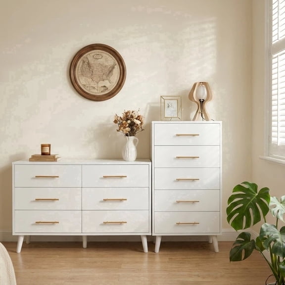 Asofer Bedroom Furniture Sets - Includes 5 Drawer Dresser & 6 Drawer Dresser, White