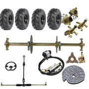 Complete 32-Inch Rear Axle Kit, DIY Go-Kart Live Axle for ATVs, Quads, Buggies, Go Karts, and Golf Carts - Includes 145/70-6 Go Cart Wheels, Steering Shaft, Brakes, Hubs and Chain Sprocket