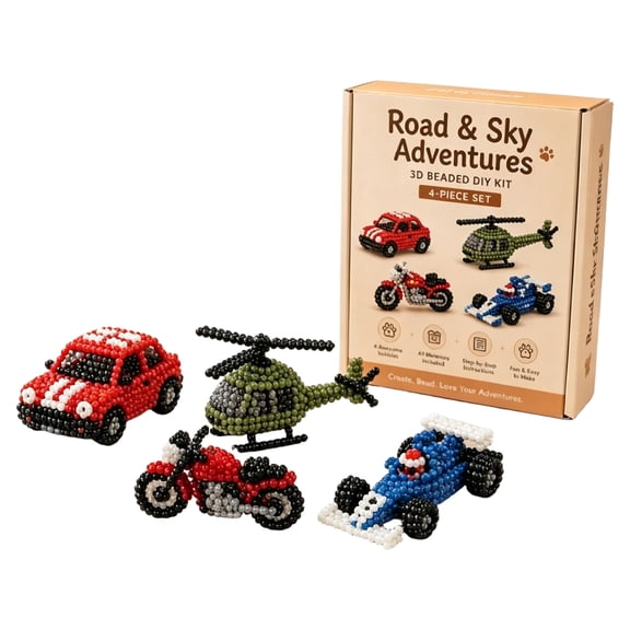 Complete 3D Beaded Vehicle Kit - Craft 4 Cool Transportation Figures with Pre-Sorted Beads, All-In-One DIY Kit for Making 3D Beaded Toys, Great Family Activity
