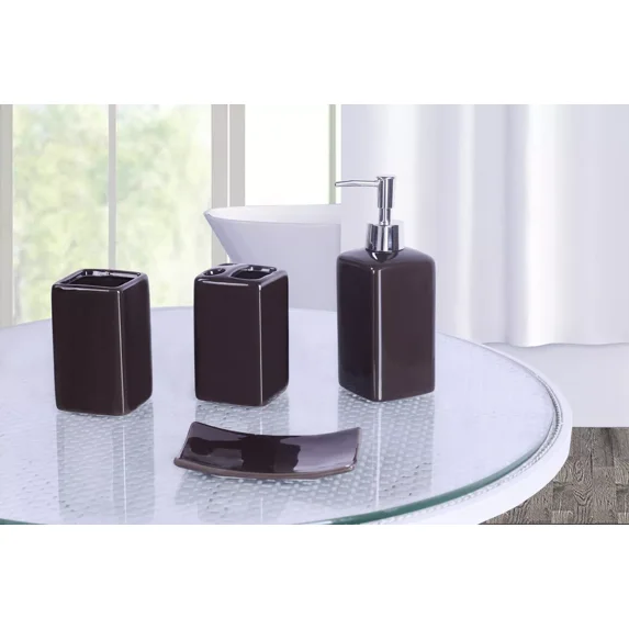 Complete 4 Piece Brown Ceramic Shiny Lush Bathroom Accessories Kit Set For Bathroom Vanity Decor Solid Color