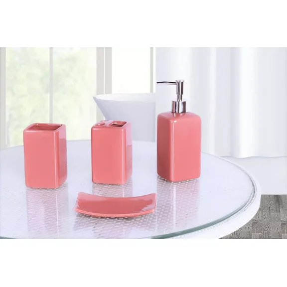 Complete 4 Piece Dark Pink Ceramic Shiny Lush Bathroom Accessories Kit Set For Bathroom Vanity Decor Solid Color