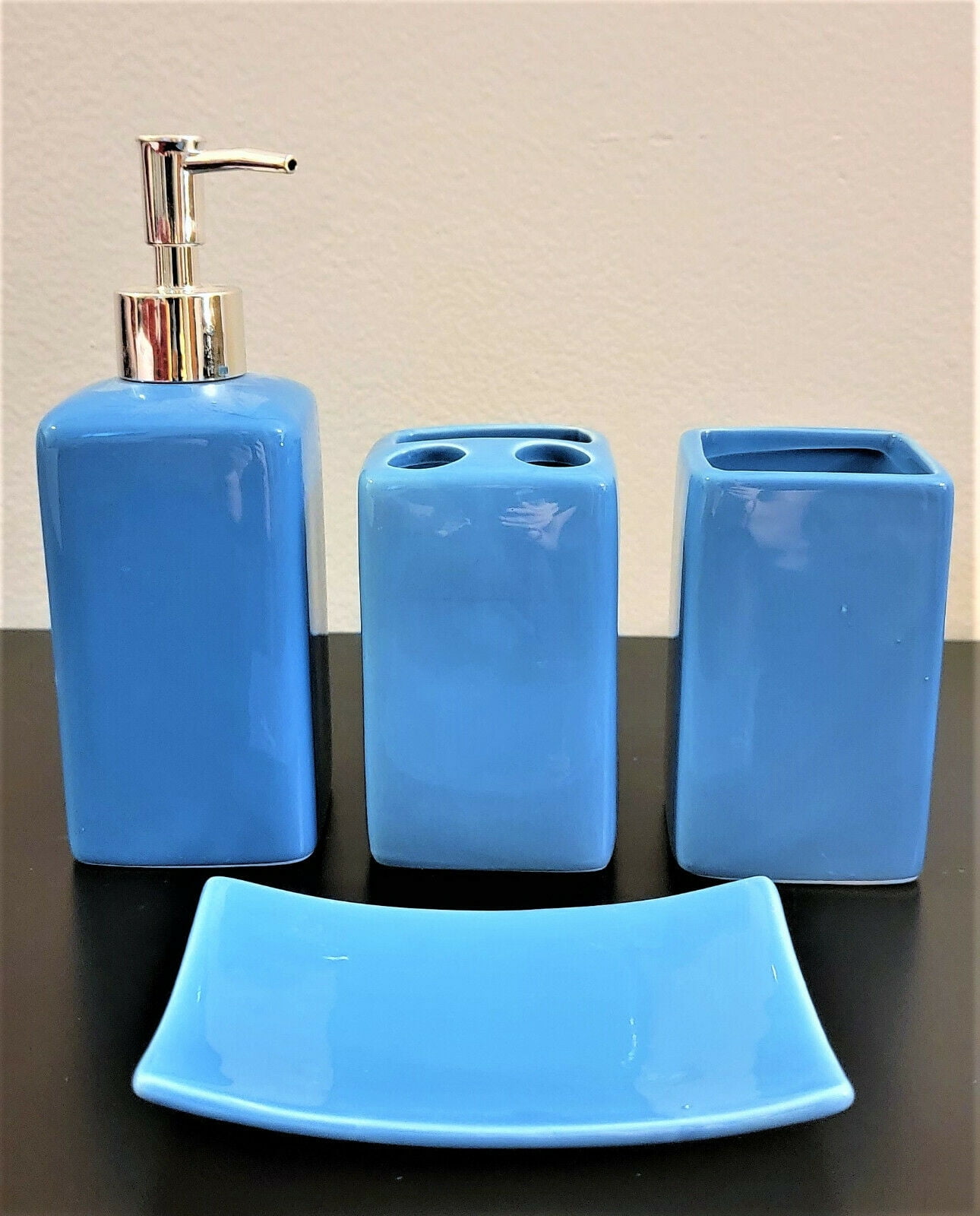 Complete 4 Piece Turquoise Ceramic Shiny Lush Bathroom Accessories Kit Set Rug Mat Lid Cover For