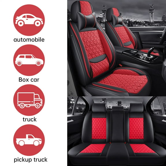 Complete 5-PC Nappa Leather Car Seat Covers Set w/Orthopedic Support - Full Coverage Protectors + 2 Headrests