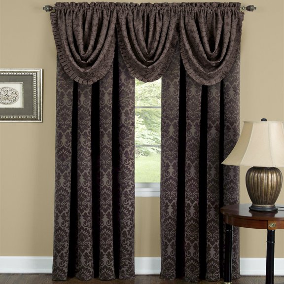 Complete 5 Pc. Damask Thermal Blackout Rod Pocket Window Curtains & Valances Set - Chocolate Brown, 63 in. Long