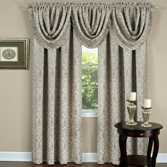 Complete 5 Pc. Damask Thermal Blackout Rod Pocket Window Curtains & Valances Set - Linen, 63 in. Long
