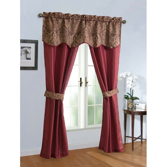 Complete 5 Pc. Sheer Attached Damask Paisley Window in a Bag Curtain & Valance Set - Brick/Burgundy Red