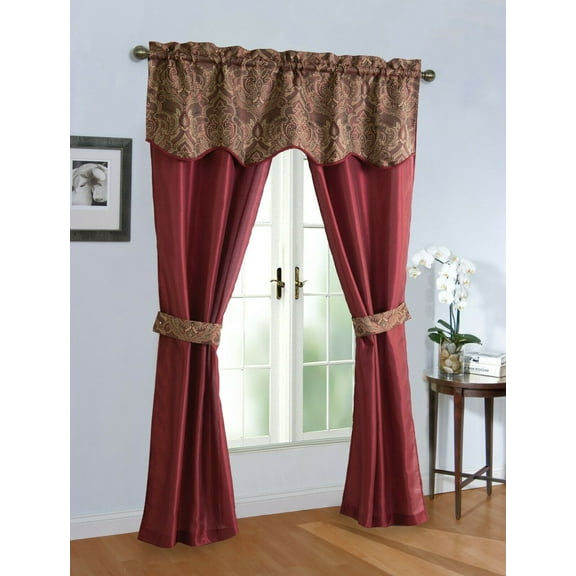 Complete 5 Pc. Sheer Attached Damask Paisley Window in a Bag Curtain & Valance Set - Brick/Burgundy Red