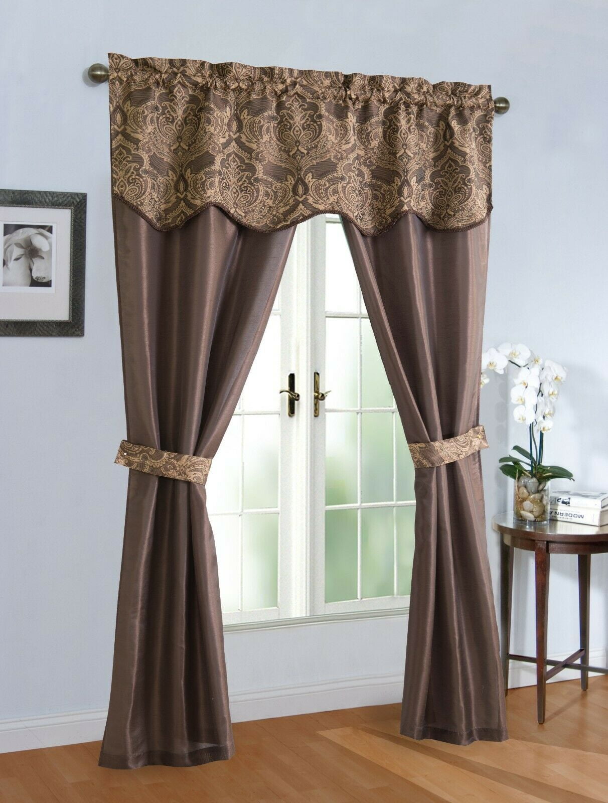 5Pc. Sheer Attached Damask Paisley Window Curtain & Valance Set