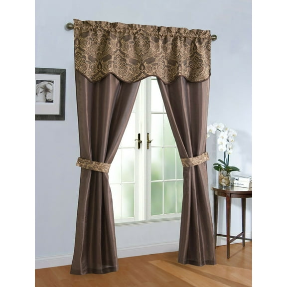 Complete 5 Pc. Sheer Attached Damask Paisley Window in a Bag Curtain & Valance Set - Brown