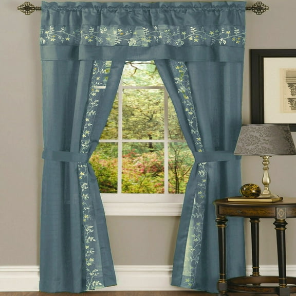 Complete 5 Pc Window in a Bag Embroidered Floral Country Flax Sheer Curtain & Valance Set - Blue, 84 in. Long
