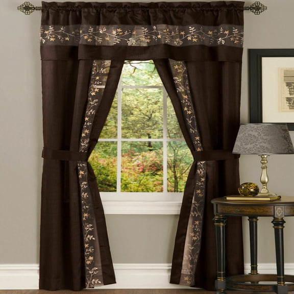 Complete 5 Pc Window in a Bag Embroidered Floral Country Flax Sheer Curtain & Valance Set - Chocolate Brown, 84 in. Long
