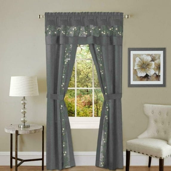 Complete 5 Pc Window in a Bag Embroidered Floral Country Flax Sheer Curtain & Valance Set - Gray, 63 in. Long