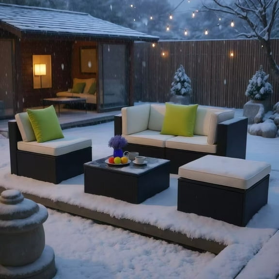 5 Pieces Patio Sectional Set PE Rattan Outdoor All-Weather Wicker Conversation Set with Table, Beige