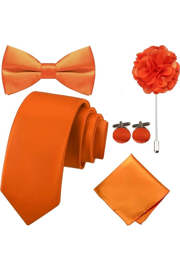 Complete 5 Pieces Tie Set in Gift Box, Solid Necktie + Satin Bow Tie + Pocket Square + Lapel Pin + Cufflinks, Versatile Formal Dress Kit