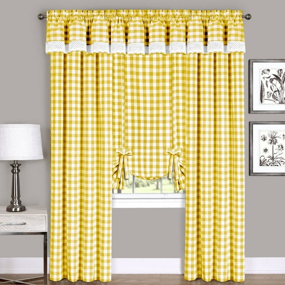 Complete 6 Pc. Plaid Gingham Country Chic Window Curtain Set - Yellow