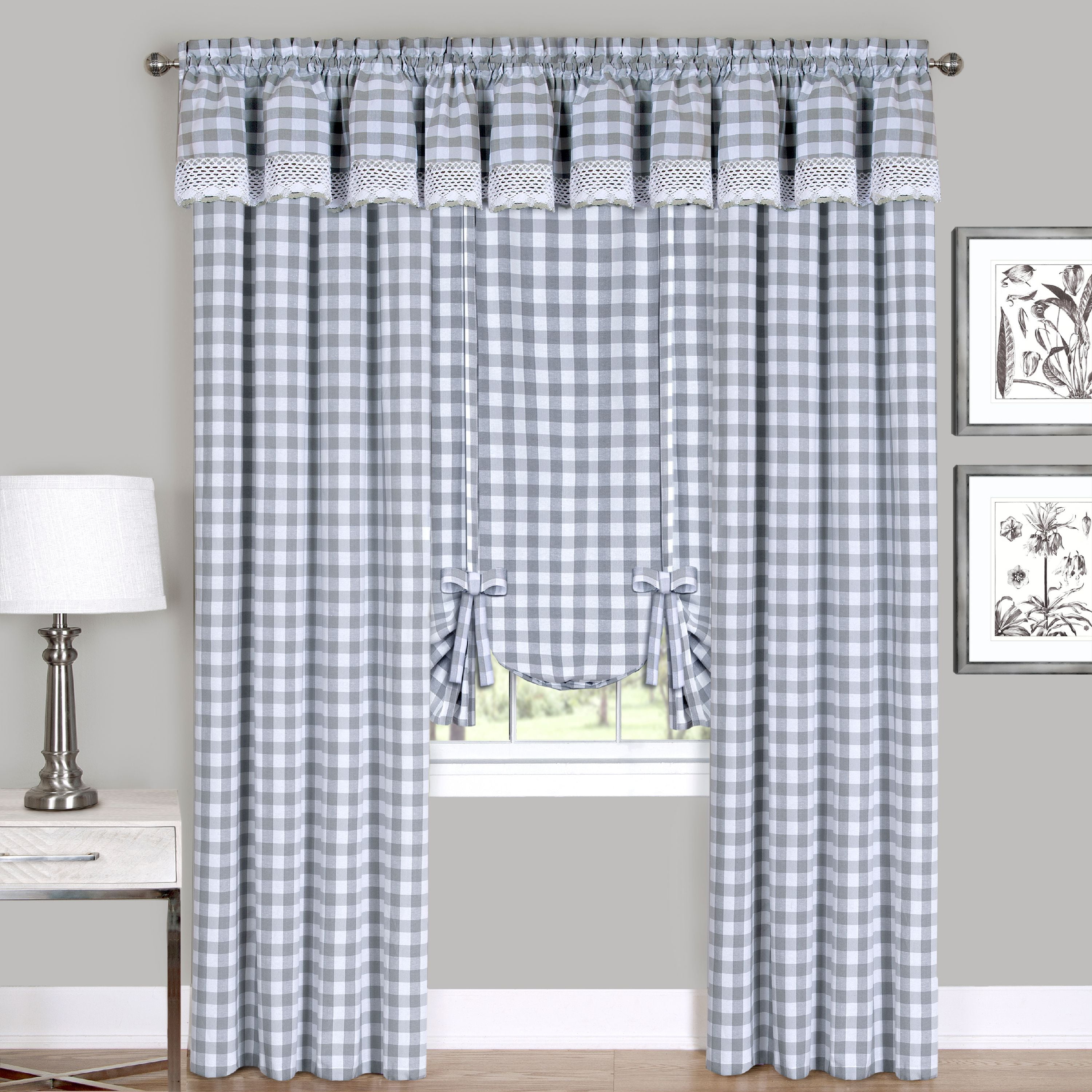 Complete 6 Pc. Plaid Gingham Country Chic Window Curtain Set -