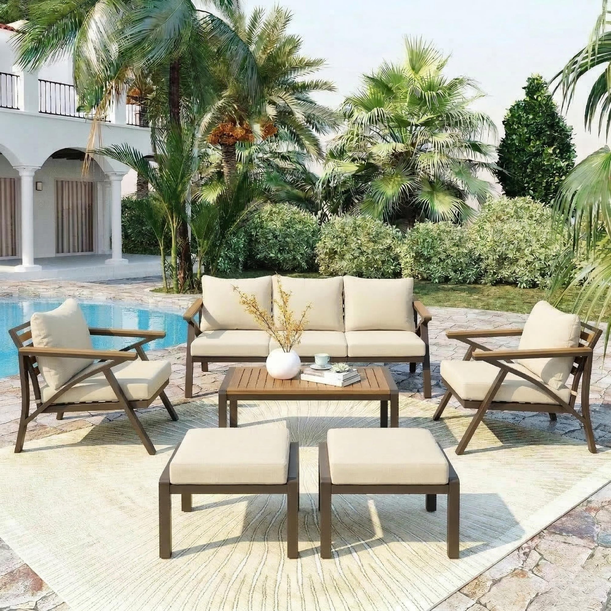 Complete 6-Piece Outdoor Patio Furniture Set with Steel Frame Sofa, 3-Seat Couch, 2 Armchairs, 2 Ottomans and Acacia Wood Coffee Table, Cushions for Backyard Garden, Beige