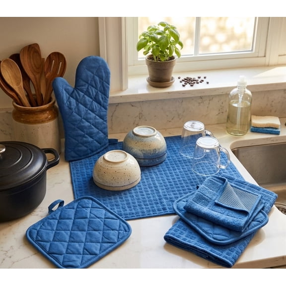 Complete 7-Piece Essential Kitchen Linen Set  Light Blue