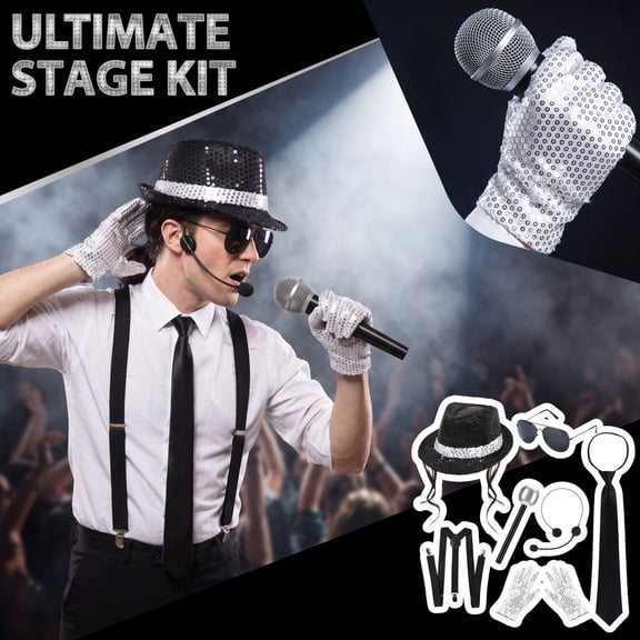 Complete 7-Piece Stage Performer Costume Accessory Set, Glitter Hat Headset Glasses Gloves Mic Tie Suspenders for Themed Parties and Cosplay