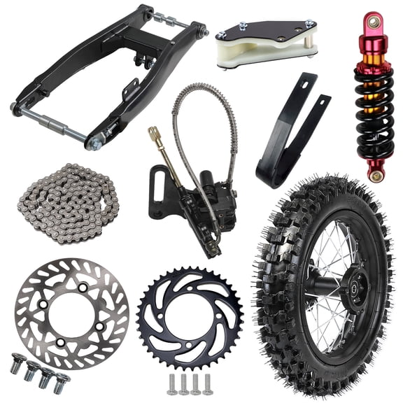 Complete 80/100-12 3.00-12 Tire 12 inch Rear Wheel and Rim + Swing Arm + Disc Brake System+ 420 53T Sprocket + Shock Suspension Kit for Pit Dirt Bike Apollo RFZ SSR110 125cc CRF50 CRF70 KX65