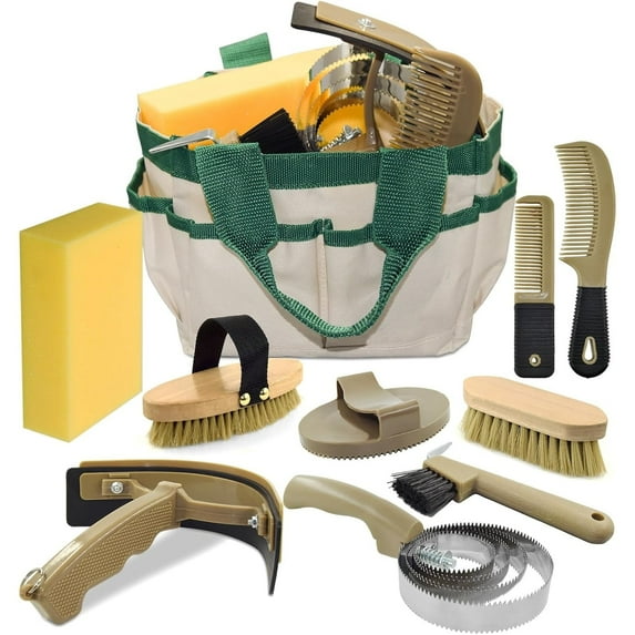 Complete 9 Piece Horse Grooming Kit with Tote Bag, Horse Brush Set for Effective Grooming and Bathing, Professional Equine Coat Care Supplies for Horse Riders