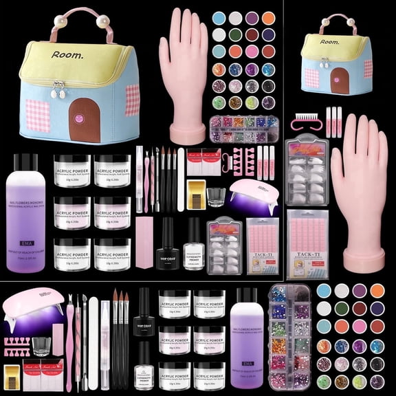 Complete Acrylic Nail Kit for Beginners - 6PCS Powder & Liquid Set with UV Lamp + Practice Hand for Perfecting Techniques | Professional Manicure Starter Set in Pink Dopamine Little House Makeup Bag