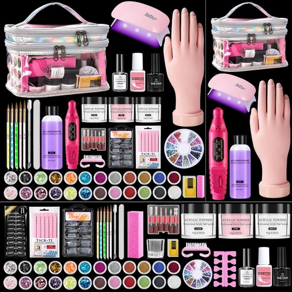 Complete Acrylic Nail Kit for Beginners - 6PCS Powder & Liquid Set with UV Lamp + Practice Hand for Perfecting Techniques | Professional Manicure Starter Set in Pink Organizer Bag for Home Salon
