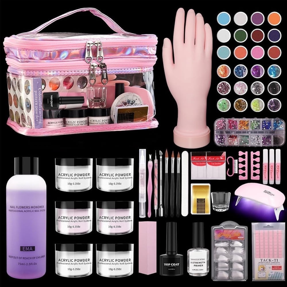 Complete Acrylic Nail Kit for Beginners - 6PCS Powder & Liquid Set with UV Lamp + Practice Hand for Perfecting Techniques | Professional Manicure Starter Set in Pink Organizer Bag for Home Salon