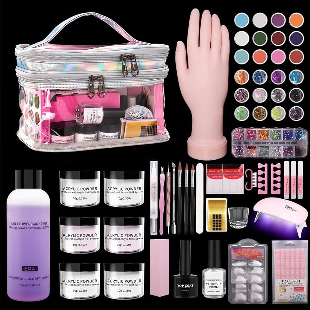 Complete Acrylic Nail Kit for Beginners - 6PCS Powder & Liquid Set with UV Lamp + Practice Hand for Perfecting Techniques | Professional Manicure Starter Set in Pink Organizer Bag for Home Salon