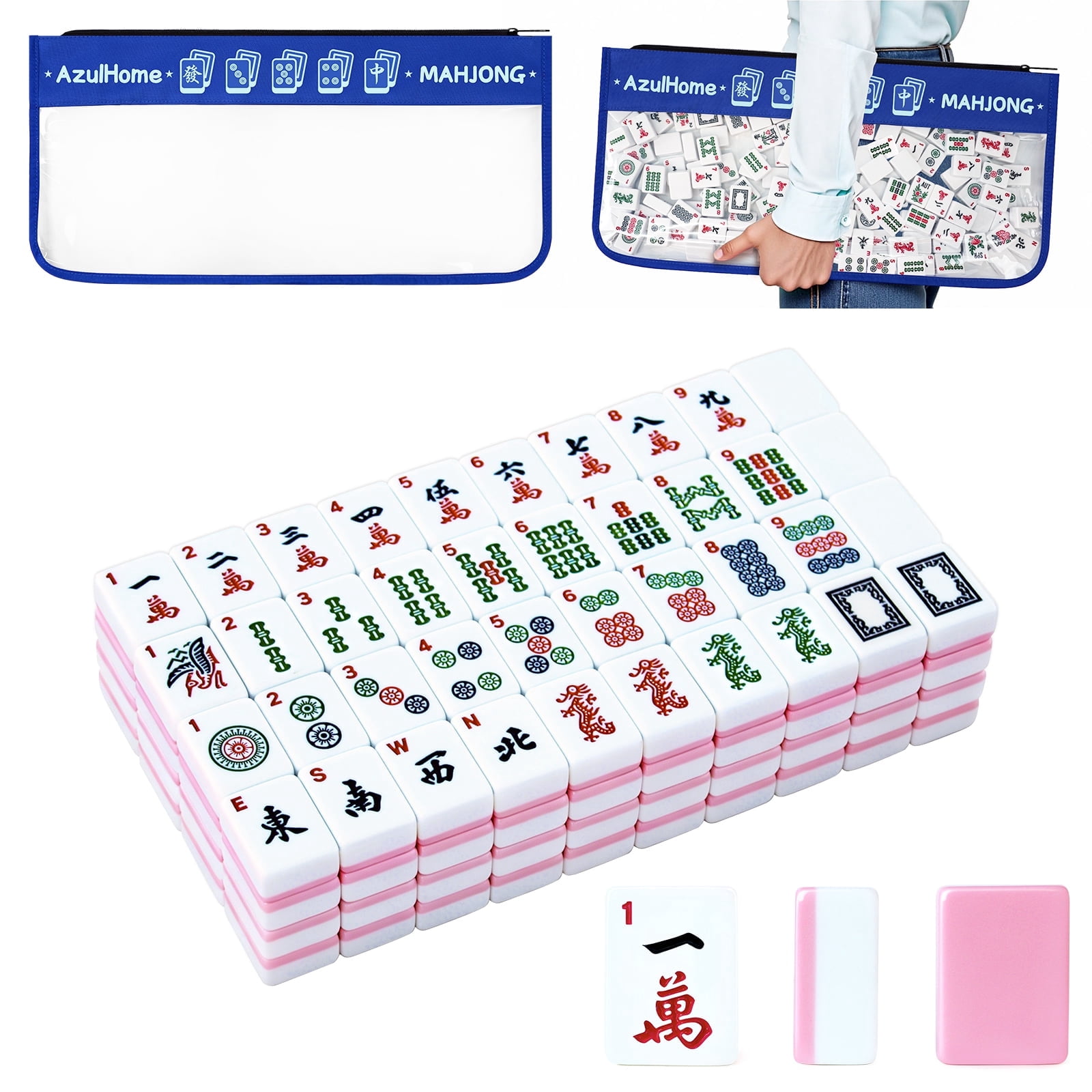 Complete American Mahjong Game Set: 166 Pink Tiles (1.2" Thick), 3 Dice & Blue PVC Carrying Bag - Perfect for Game Nights and Gifts