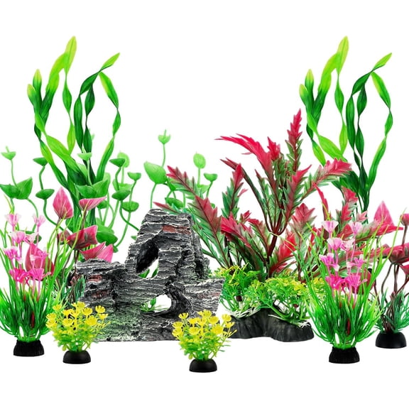 Complete Aquarium Landscape Decor Kit, Plastic Artificial Aquatic Plants with Resin Rock Hideout Cave, Faux Water Grass Flower Ornament Set for Fish Tank Betta Tank Decor, Aquascape Layout & Fish Hid
