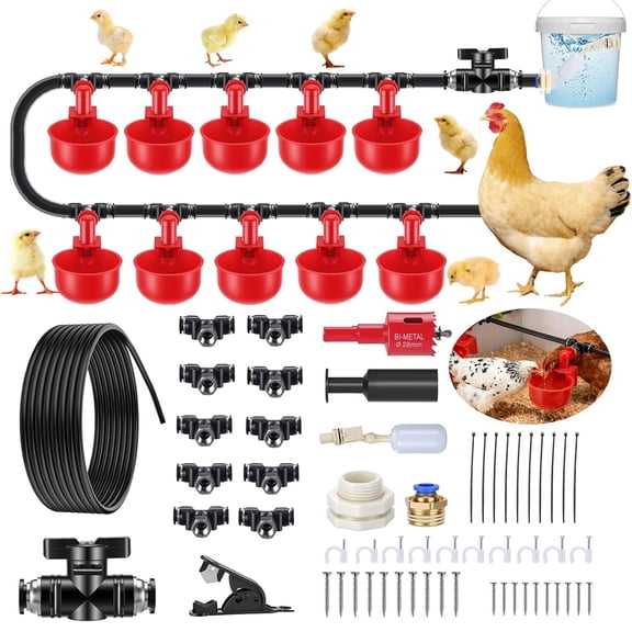 Automatic Chicken Waterer System, Complete Set Pipeline Freestanding Chicken Water Feeder with 10 Chicken Water Cups, PVC Pipeline & Float Valve, Poultry Waterer for Continuous Water Supply