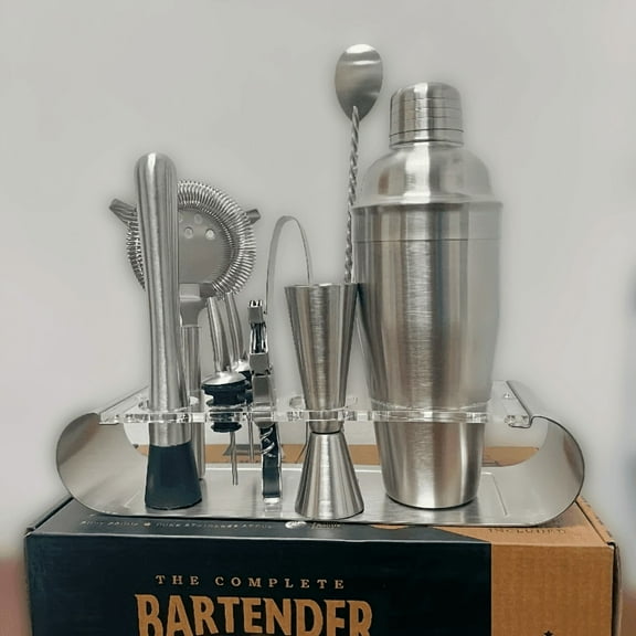 Complete Bartender Kit with A Stand Including All Necessary Tools for Making Cocktails: Shaker, Measuring Cup, Strainer, Mixing Spoon, Muddler, And Pourers In Silvery Color DM001