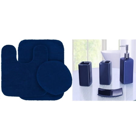 Complete Bath Mat Rug Set Navy Blue Color #6 Non Slip Super Soft Shaggy Chenille 7 piece 1 Mat,1 Contour Mat,1 Lid Cover Plus 4pc Ceramic Accessories