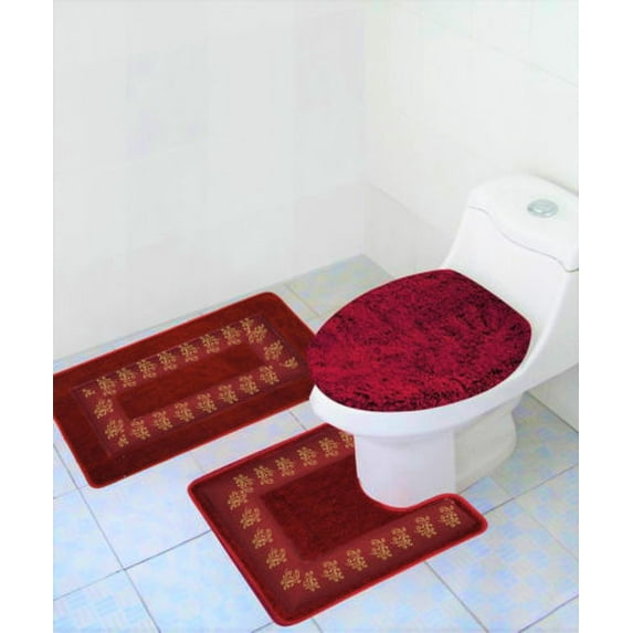 3PC 5 RED BANDED BATHROOM SET BATH MAT COUNTOUR RUG LID COVER PLAIN SOLID COLORS