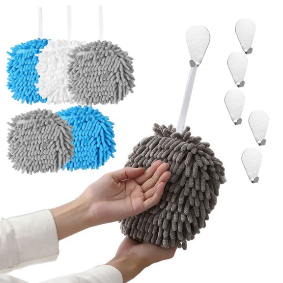 Complete Bathroom and Kitchen Towel Set Including 5 Fluff Ball Hand Towels with 5 Matching Wall Hooks, Space-Saving Organization Solution for Home and Apartment Living