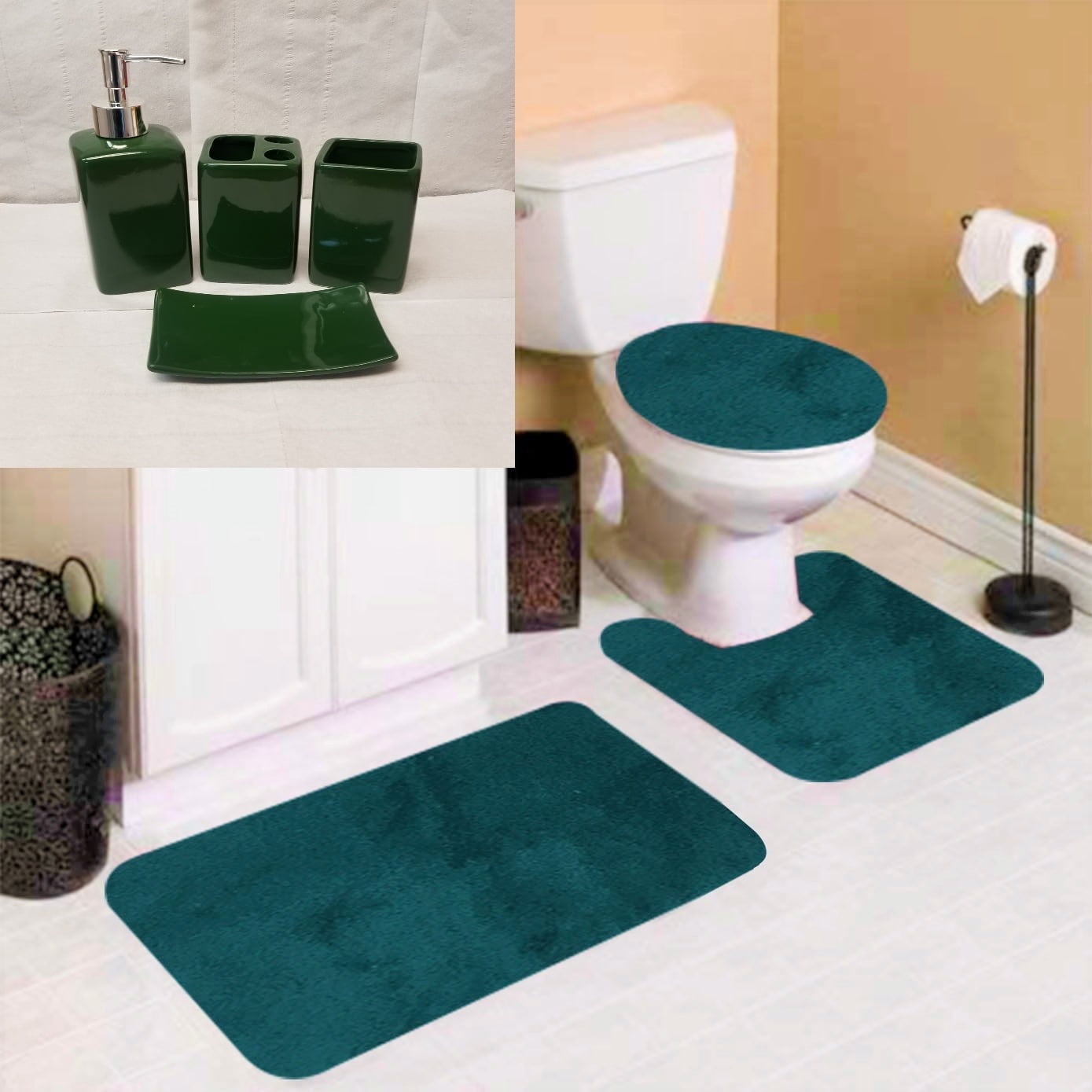 Complete Bathroom Set 7PC Rock Hunter Super Soft Memory Foam 1 Bath Mat, 1 Contour Non Slip , 1 Lid Cover with Matching + Ceramic Accesories Set For Bathroom