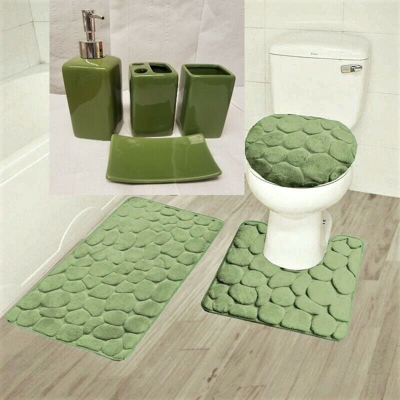 Complete Bathroom Set 7PC Rock Sage Super Soft Memory Foam 1 Bath Mat, 1 Contour Non Slip , 1 Lid Cover with Matching + Ceramic Accesories Set For Bathroom